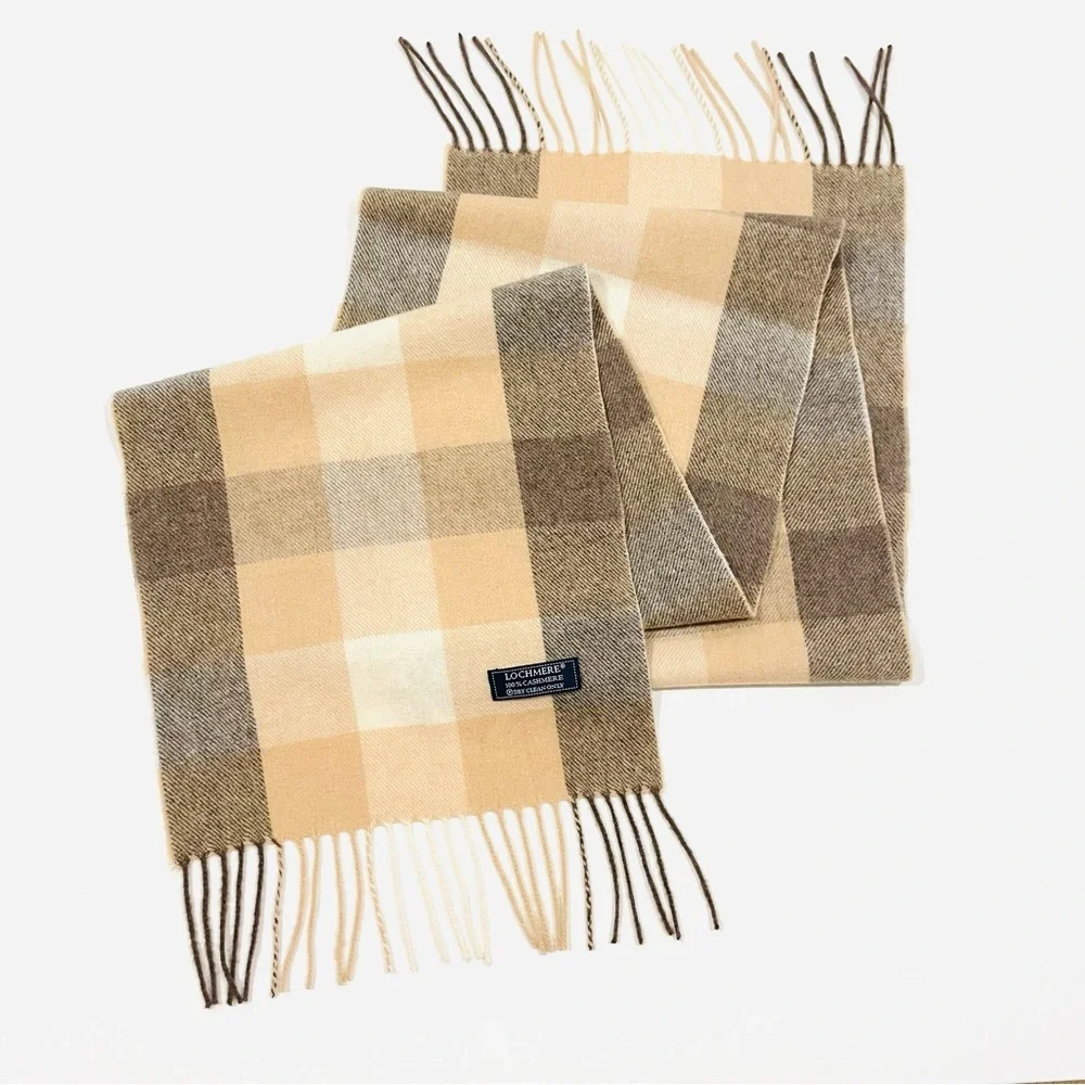LOCHMERE • Camel, Cream and Brown 100% Cashmere Scarf; Unisex